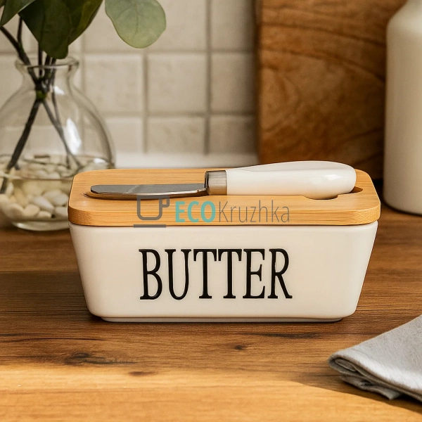 Маслянка з порцеляни з бамбуковою кришкою та ножем для м ...