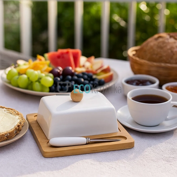 Маслянка з порцеляни Grace з бамбуковою підставкою 20.5× ...