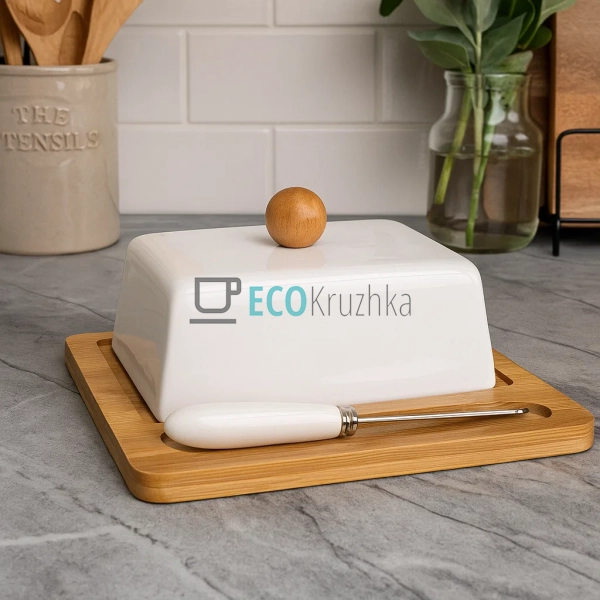 Маслянка з порцеляни Grace з бамбуковою підставкою 20.5× ...