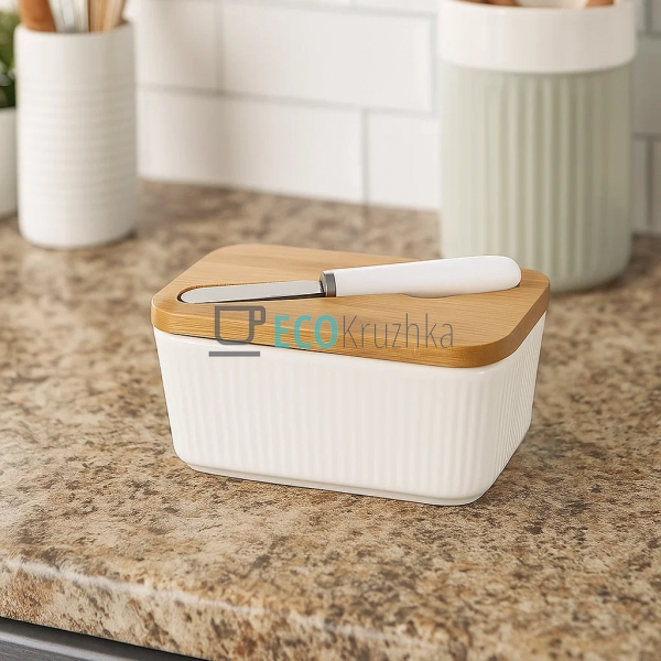 Маслянка для масла з ножем і бамбуковою кришкою, порцеля ...