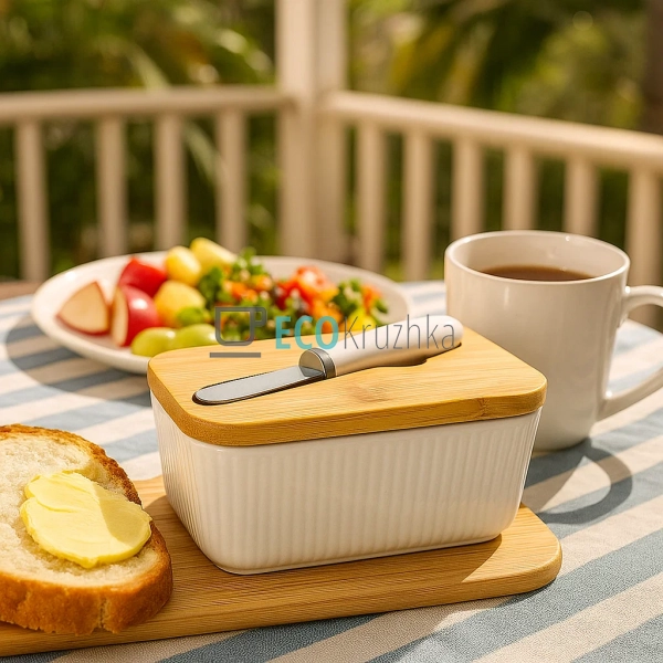 Маслянка для масла з ножем і бамбуковою кришкою, порцеля ...