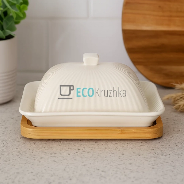 Маслянка для масла порцелянова з бамбуковою підставкою 1 ...