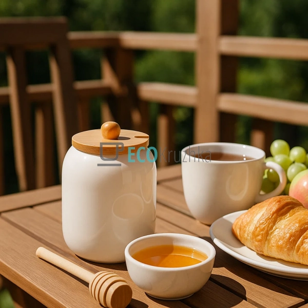 Медівниця з порцеляни 380 мл з бамбуковою кришкою і ложк ... Медівниця з порцеляни 380 мл з бамбуковою кришкою і ложк ...