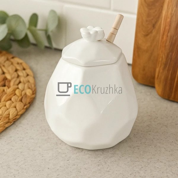 Медівниця з порцеляни 450 мл з дерев’яною ложкою — біла ... Медівниця з порцеляни 450 мл з дерев’яною ложкою — біла ...