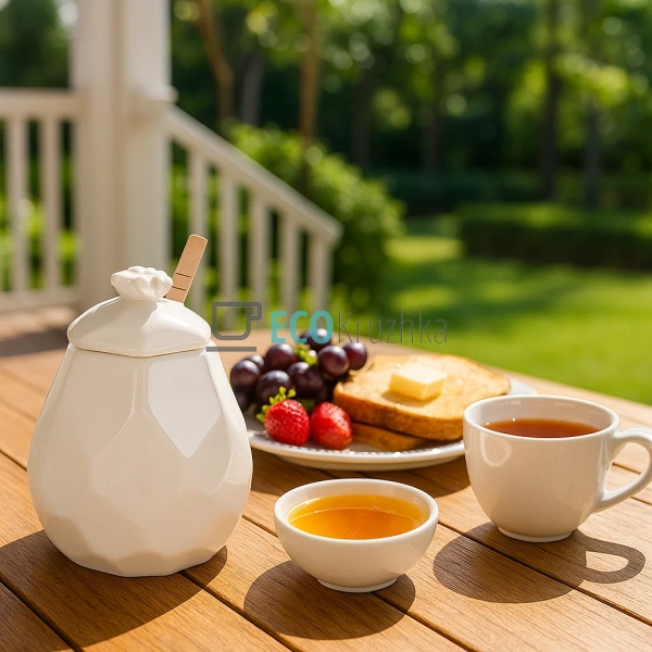 Медівниця з порцеляни 450 мл з дерев’яною ложкою — біла ... Медівниця з порцеляни 450 мл з дерев’яною ложкою — біла ...