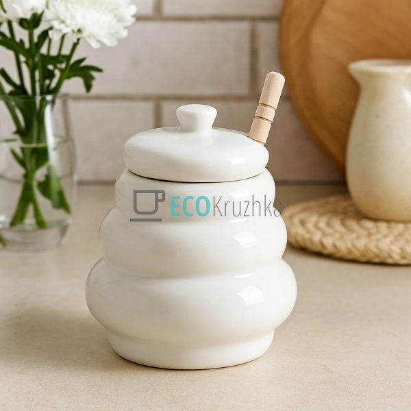 Медівниця з порцеляни з дерев’яною ложкою 400 мл — біла ... Медівниця з порцеляни з дерев’яною ложкою 400 мл — біла ...