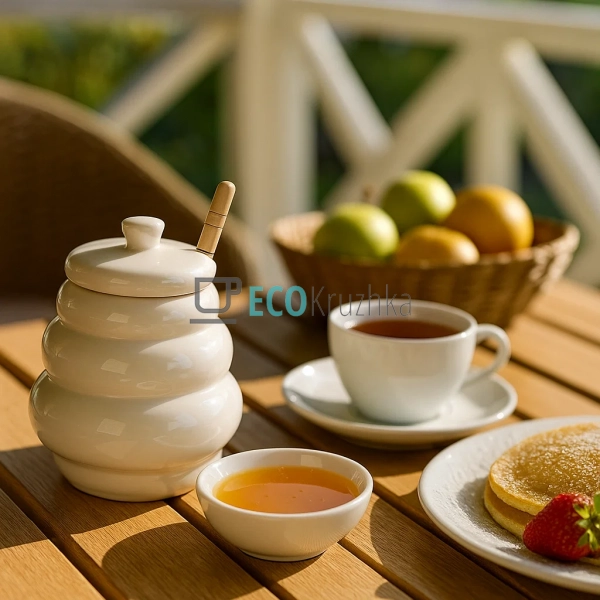 Медівниця з порцеляни з дерев’яною ложкою 400 мл — біла ... Медівниця з порцеляни з дерев’яною ложкою 400 мл — біла ...