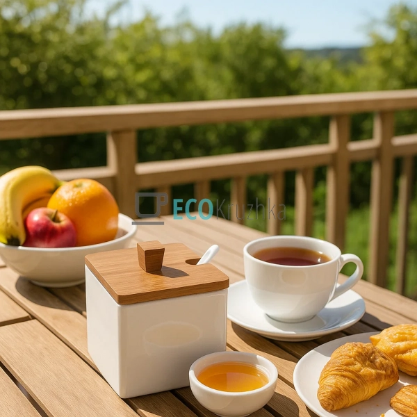 Сільничка порцелянова з ложечкою і кришкою з бамбука Nat ... Сільничка порцелянова з ложечкою і кришкою з бамбука Nat ...