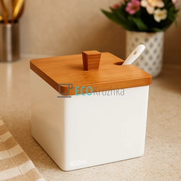 Сільничка порцелянова з ложечкою і кришкою з бамбука Nat ... Сільничка порцелянова з ложечкою і кришкою з бамбука Nat ...