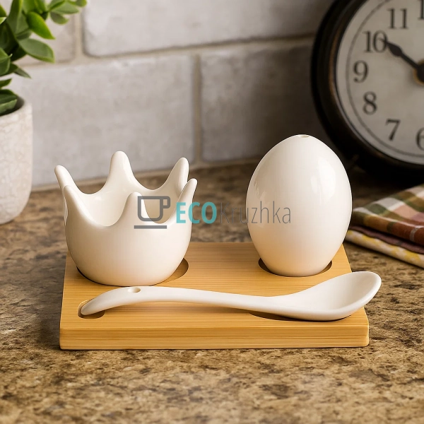 Набір для яйця з порцеляновою піалкою, ложкою та бамбуко ... Набір для яйця з порцеляновою піалкою, ложкою та бамбуко ...