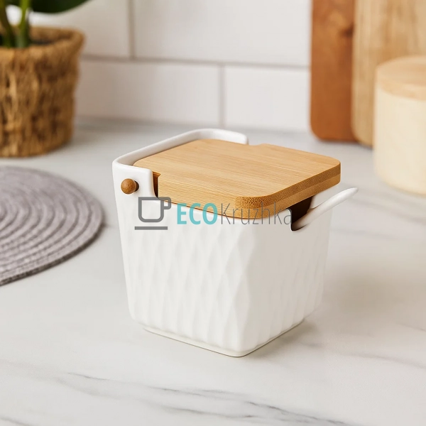 Цукорниця порцелянова біла з бамбуковою кришкою та ложко ... Цукорниця порцелянова біла з бамбуковою кришкою та ложко ...