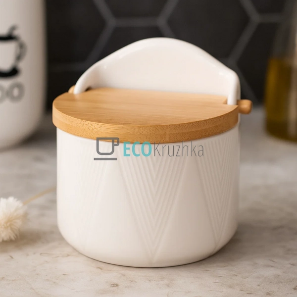 Порцелянова цукорниця Grace з бамбуковою кришкою та ложк ... Порцелянова цукорниця Grace з бамбуковою кришкою та ложк ...