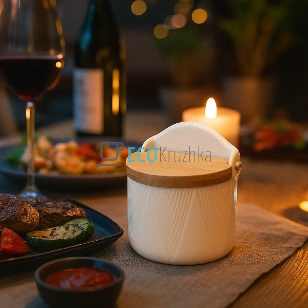 Порцелянова цукорниця Grace з бамбуковою кришкою та ложк ... Порцелянова цукорниця Grace з бамбуковою кришкою та ложк ...