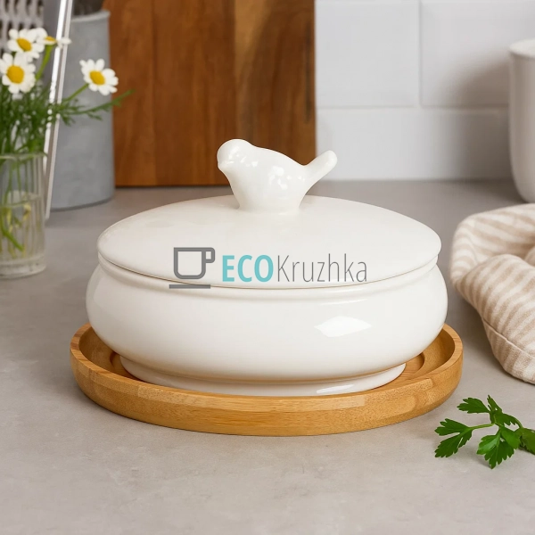 Цукорниця порцелянова 250 мл з бамбуковою кришкою та лож ... Цукорниця порцелянова 250 мл з бамбуковою кришкою та лож ...