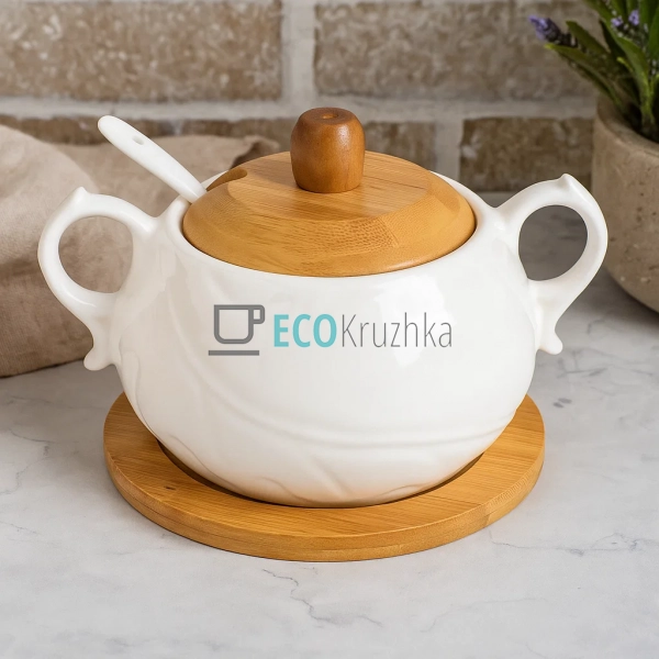 Цукорниця порцелянова 400 мл з бамбуковою кришкою і ложк ... Цукорниця порцелянова 400 мл з бамбуковою кришкою і ложк ...