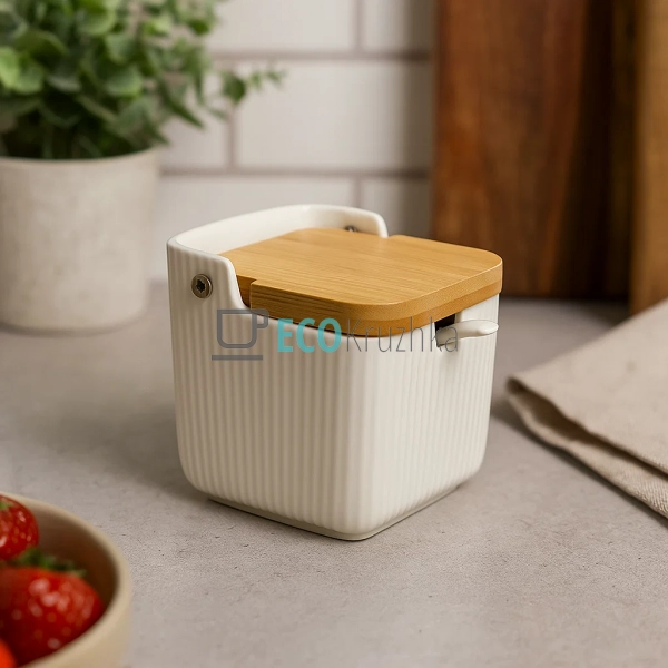 Цукорниця порцелянова 300 мл з бамбуковою кришкою та лож ... Цукорниця порцелянова 300 мл з бамбуковою кришкою та лож ...