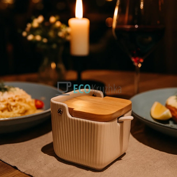 Цукорниця порцелянова 300 мл з бамбуковою кришкою та лож ... Цукорниця порцелянова 300 мл з бамбуковою кришкою та лож ...