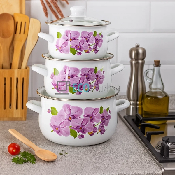 Набір емальованих каструль Орхідея бузкова 3 шт – 2л, 3л ... Набір емальованих каструль Орхідея бузкова 3 шт – 2л, 3л ...