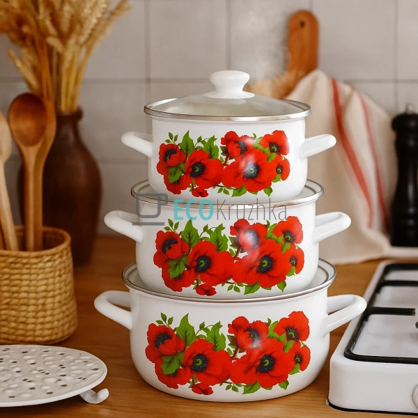 Набір емальованих каструль Мак 3 шт — 2л, 3л, 4л з кришк ... Набір емальованих каструль Мак 3 шт — 2л, 3л, 4л з кришк ...