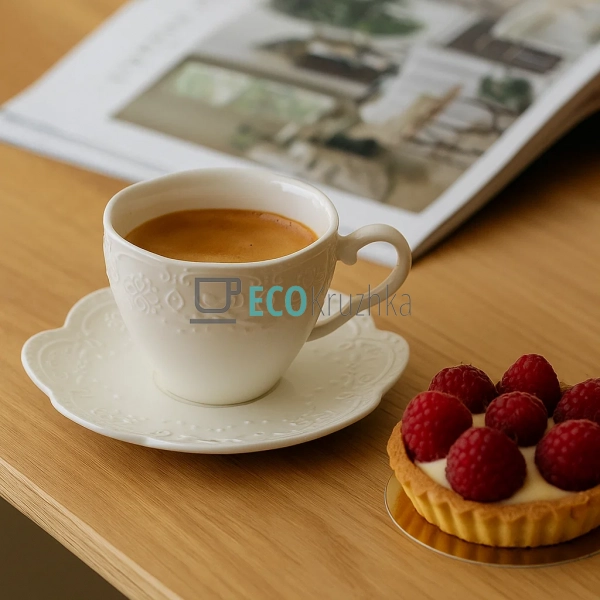 Порцелянова чашка з блюдцем 180 мл Мереживо — білий набі ... Порцелянова чашка з блюдцем 180 мл Мереживо — білий набі ...
