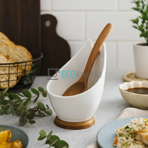 Кухонна підставка для ложки з порцеляни з бамбуковою осн ...