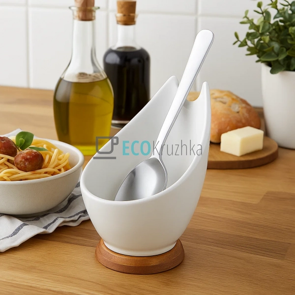 Кухонна підставка для ложки з порцеляни з бамбуковою осн ...