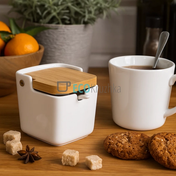 Цукорниця порцелянова 300 мл з бамбуковою кришкою та лож ... Цукорниця порцелянова 300 мл з бамбуковою кришкою та лож ...