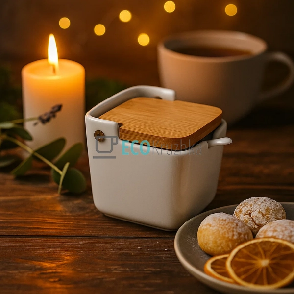 Цукорниця порцелянова 300 мл з бамбуковою кришкою та лож ... Цукорниця порцелянова 300 мл з бамбуковою кришкою та лож ...