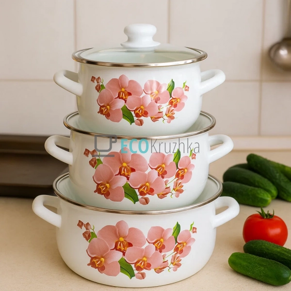 Набір емальованих каструль Орхідея рожева 3 шт — 2л, 3л, ... Набір емальованих каструль Орхідея рожева 3 шт — 2л, 3л, ...