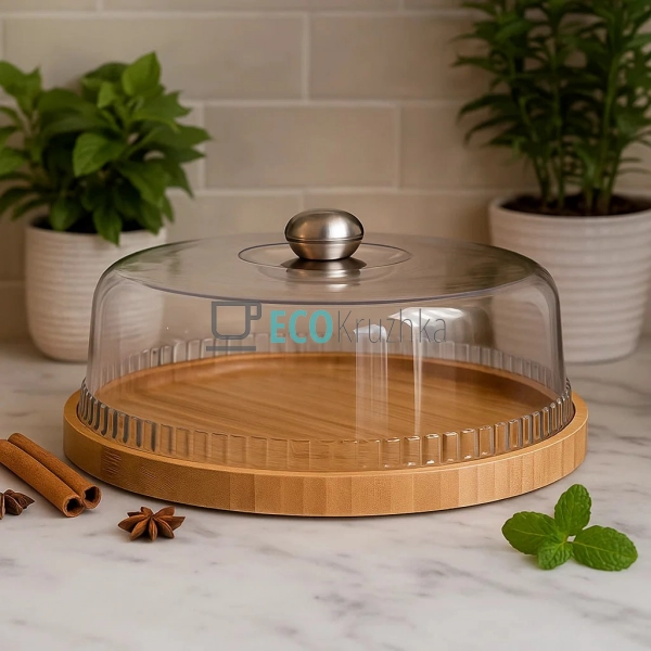 Блюдо для торта 32 см з пластмасовий кришкою бамбукова п ... Блюдо для торта 32 см з пластмасовий кришкою бамбукова п ...