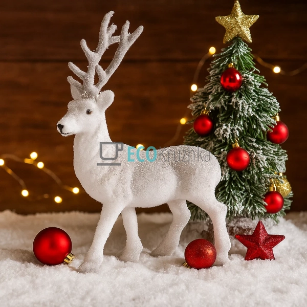 Засніжений новорічний олень 20 см — фігурка з флоковим п ... Засніжений новорічний олень 20 см — фігурка з флоковим п ...
