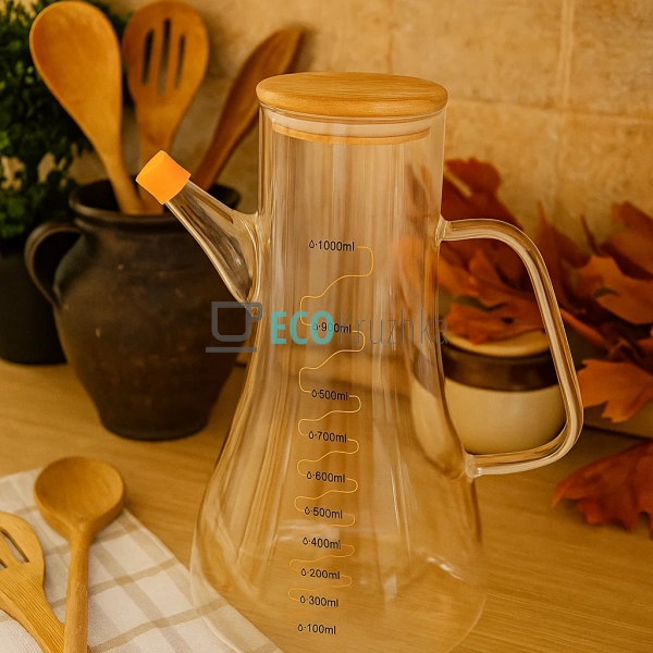 Скляна пляшка-диспенсер для олії 1 л із бамбуковою кришк ... Скляна пляшка-диспенсер для олії 1 л із бамбуковою кришк ...