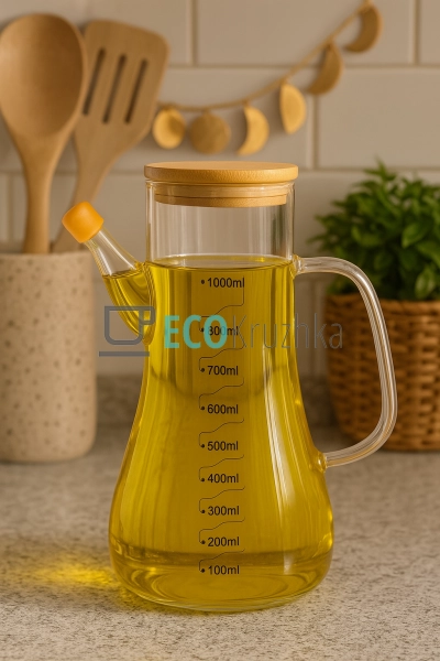 Скляна пляшка-диспенсер для олії 1 л із бамбуковою кришк ... Скляна пляшка-диспенсер для олії 1 л із бамбуковою кришк ...