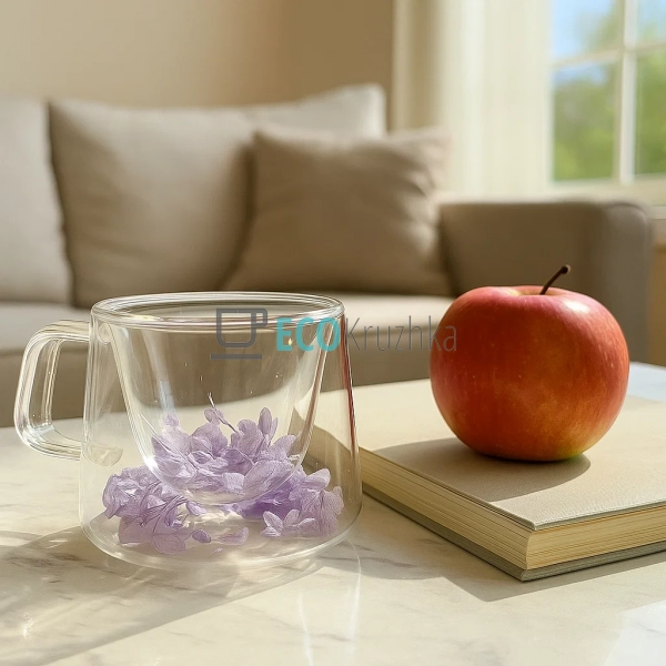 Прозора скляна чашка 140 мл з фіолетовим сухоцвітом | Бо ... Прозора скляна чашка 140 мл з фіолетовим сухоцвітом | Бо ...