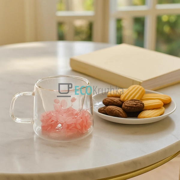 Прозора скляна чашка 140 мл з рожевим сухоцвітом | Борос ... Прозора скляна чашка 140 мл з рожевим сухоцвітом | Борос ...
