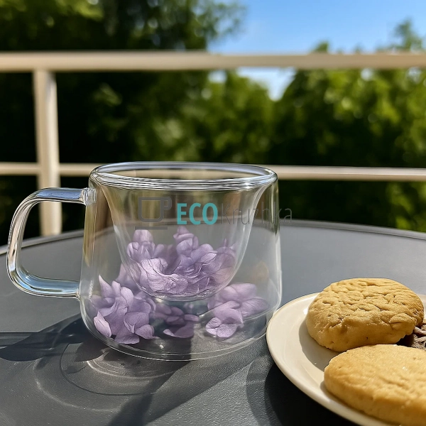 Прозора скляна чашка 140 мл з фіолетовим сухоцвітом | Бо ... Прозора скляна чашка 140 мл з фіолетовим сухоцвітом | Бо ...