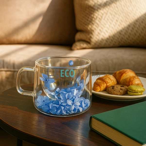 Прозора скляна чашка 140 мл з синім сухоцвітом | Боросил ... Прозора скляна чашка 140 мл з синім сухоцвітом | Боросил ...
