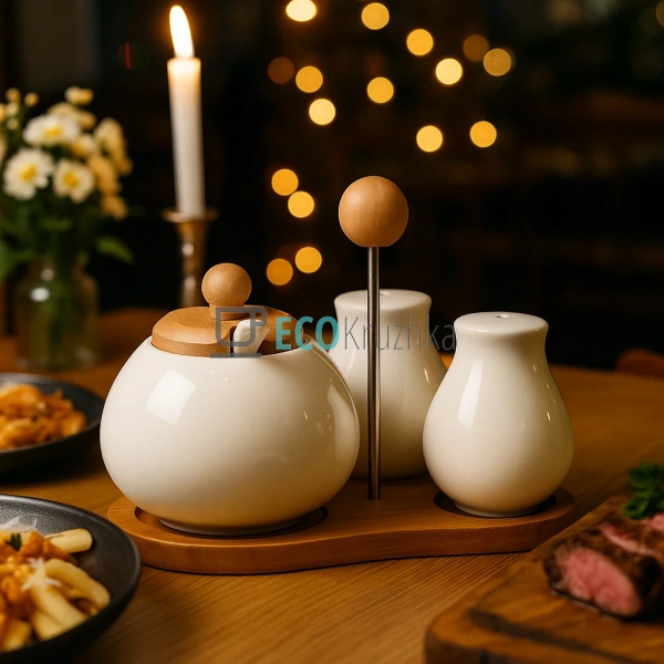 Набір на бамбуковій підставці три предмети ( цукорниця,  ...