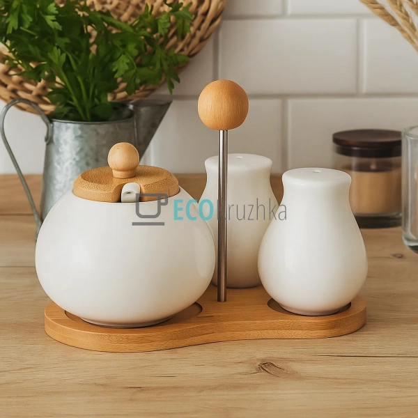 Набір на бамбуковій підставці три предмети ( цукорниця,  ...