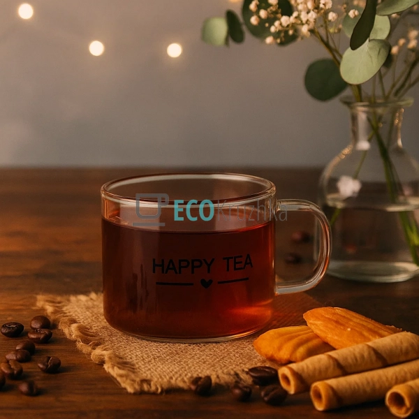 Чашка скляна 480 мл "Happy Tea" Прозора (102-800) Чашка скляна 480 мл "Happy Tea" Прозора (102-800)