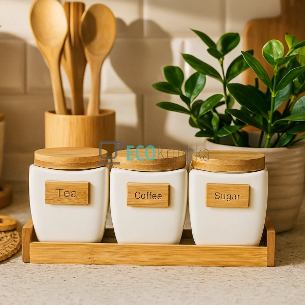 Набір банок 700 мл на бамбуковій підставці PJ01768 Набір банок 700 мл на бамбуковій підставці PJ01768