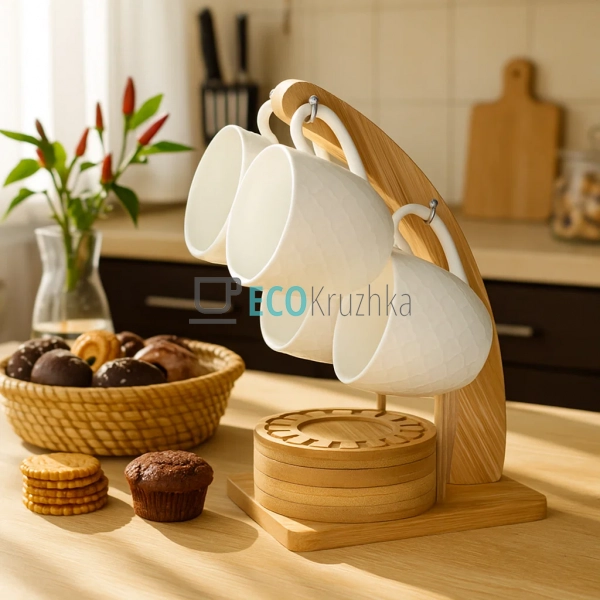 Набір чашок на бамбуковій підставці 160 мл Interos PJ026 ...