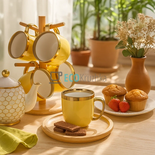 Набір (4 шт) порцелянових чашок 320мл "Золота лінія" на ... Набір (4 шт) порцелянових чашок 320мл "Золота лінія" на ...