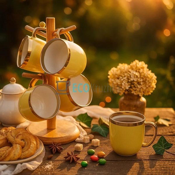 Набір (4 шт) порцелянових чашок 320мл "Золота лінія" на ... Набір (4 шт) порцелянових чашок 320мл "Золота лінія" на ...