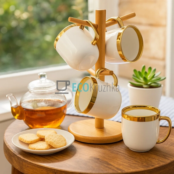 Набір (4 шт) порцелянових кухлів 320мл "Золота лінія" на ... Набір (4 шт) порцелянових кухлів 320мл "Золота лінія" на ...