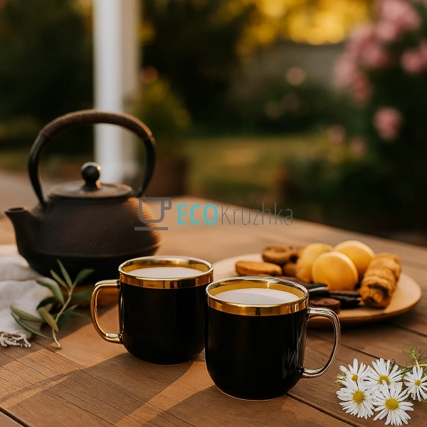 Набір (4 шт) порцелянових чашок 320мл "Золота лінія" на ... Набір (4 шт) порцелянових чашок 320мл "Золота лінія" на ...