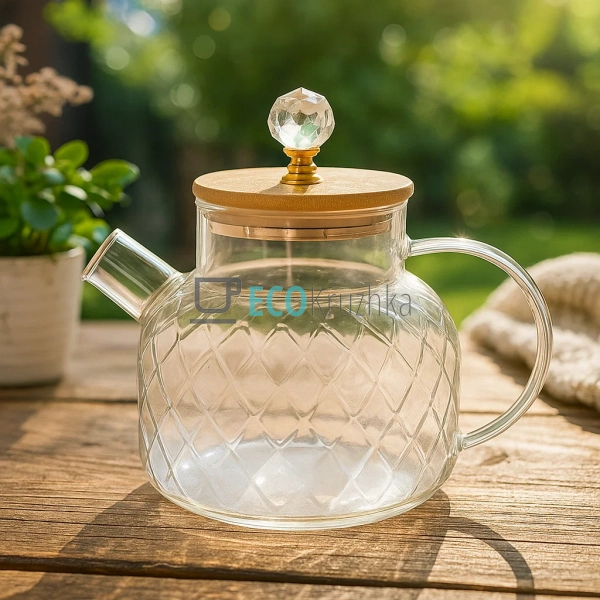 Скляний заварник для чаю 950 мл з бамбуковою кришкою — п ... Скляний заварник для чаю 950 мл з бамбуковою кришкою — п ...
