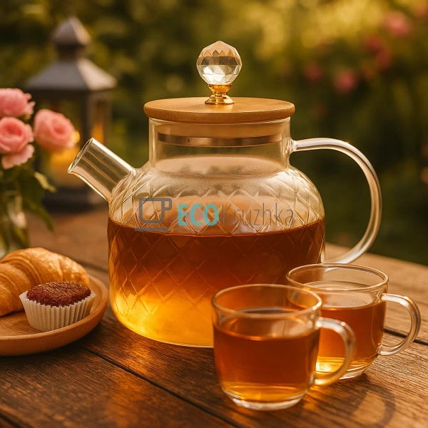 Скляний заварник для чаю 950 мл з бамбуковою кришкою — п ... Скляний заварник для чаю 950 мл з бамбуковою кришкою — п ...