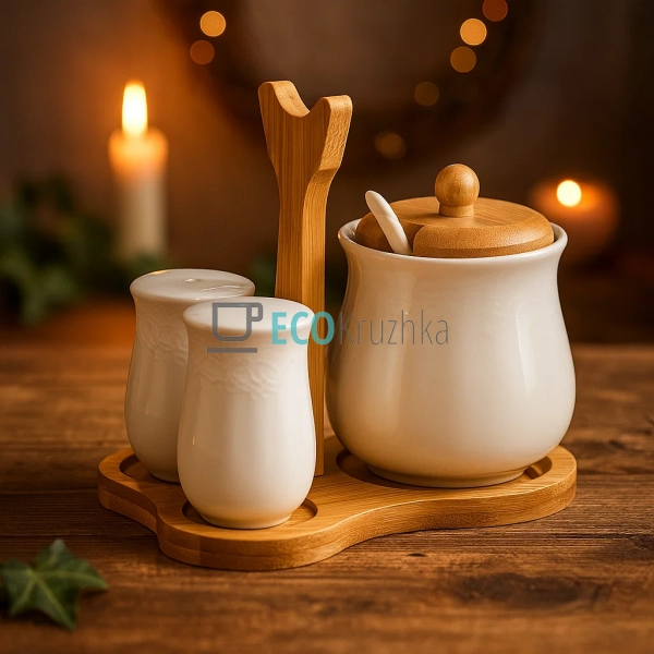 Набір на бамбуковій підставці три предмети ( цукорниця, ... Набір на бамбуковій підставці три предмети ( цукорниця, ...