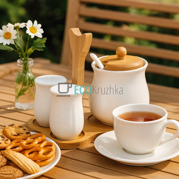 Набір на бамбуковій підставці три предмети ( цукорниця, ... Набір на бамбуковій підставці три предмети ( цукорниця, ...